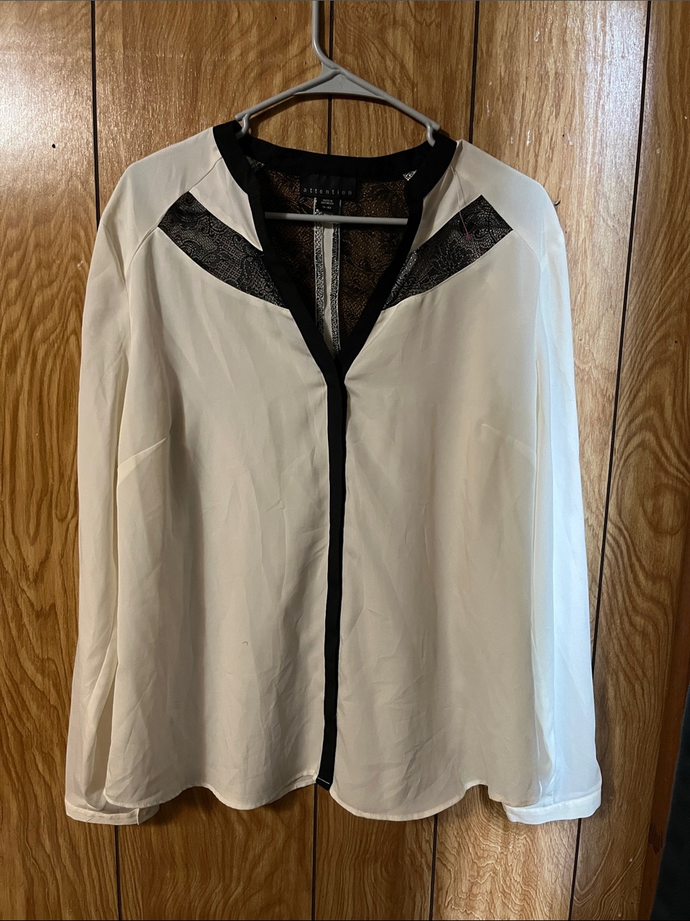 attention White and Black V-Neck Blouse with Lace Insets